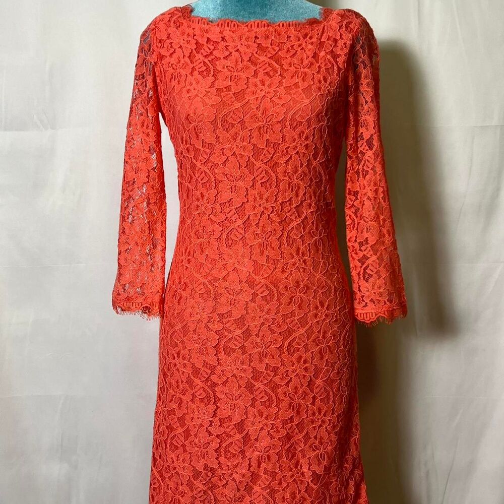 Diane Von Furstenberg Women's Iconic Zarita Hot Coral Lace Cocktail Dress size 6